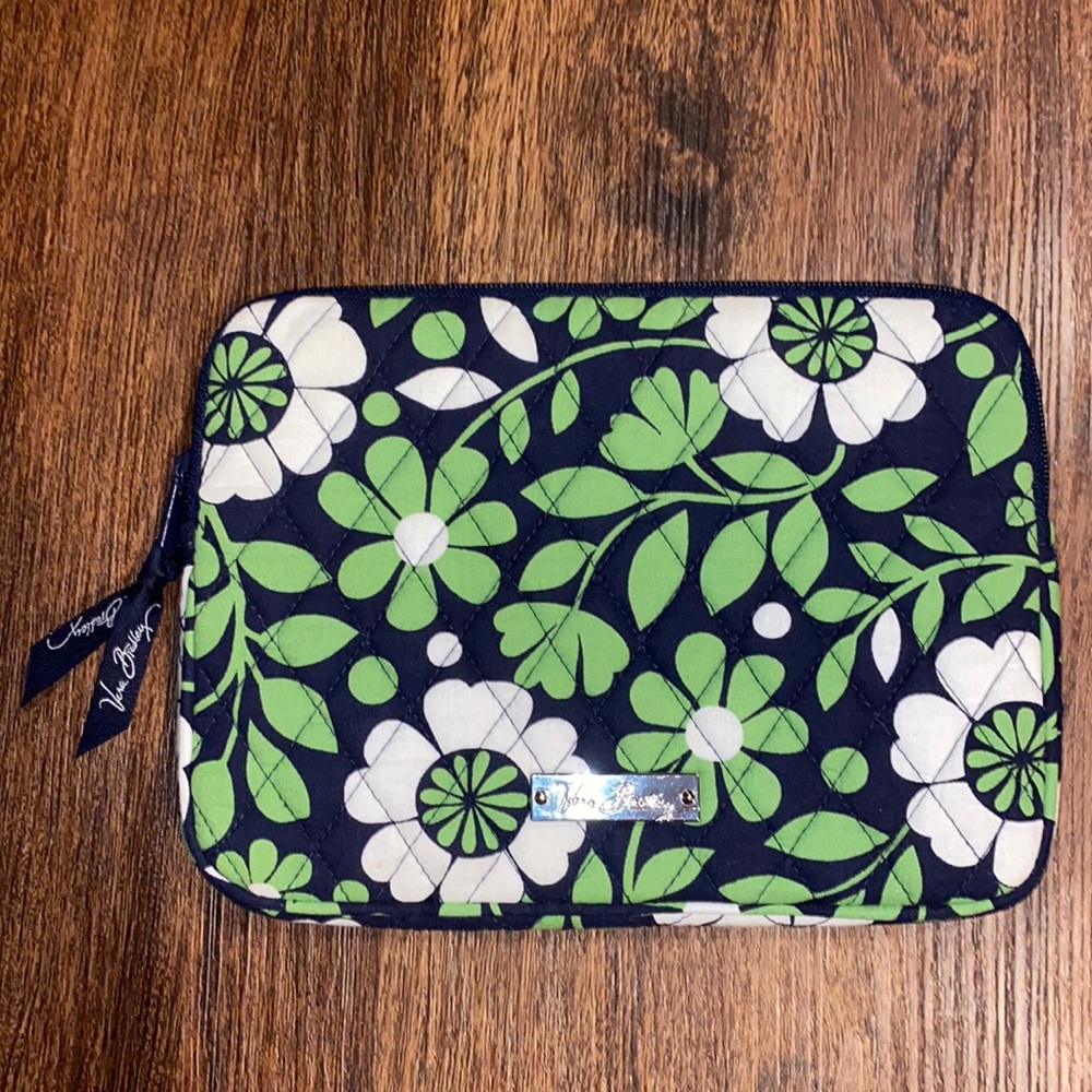 Vera Bradley Flowered Green/White/Black Large Zipper Pouch